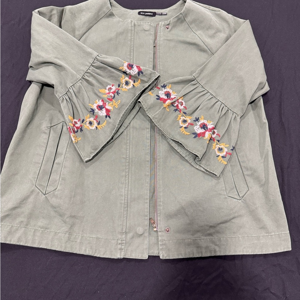 Blu Pepper Olive Green Utility Jacket with Embroidered Bell Sleeves